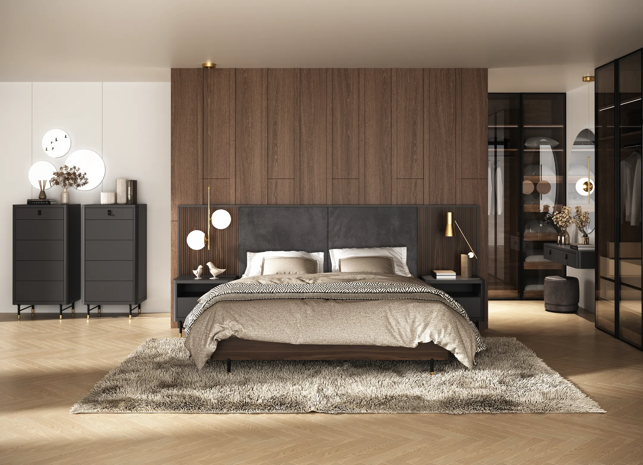 A picture of an elegant white bed in a beautiful, modern bedroom, glass display cases framing the view