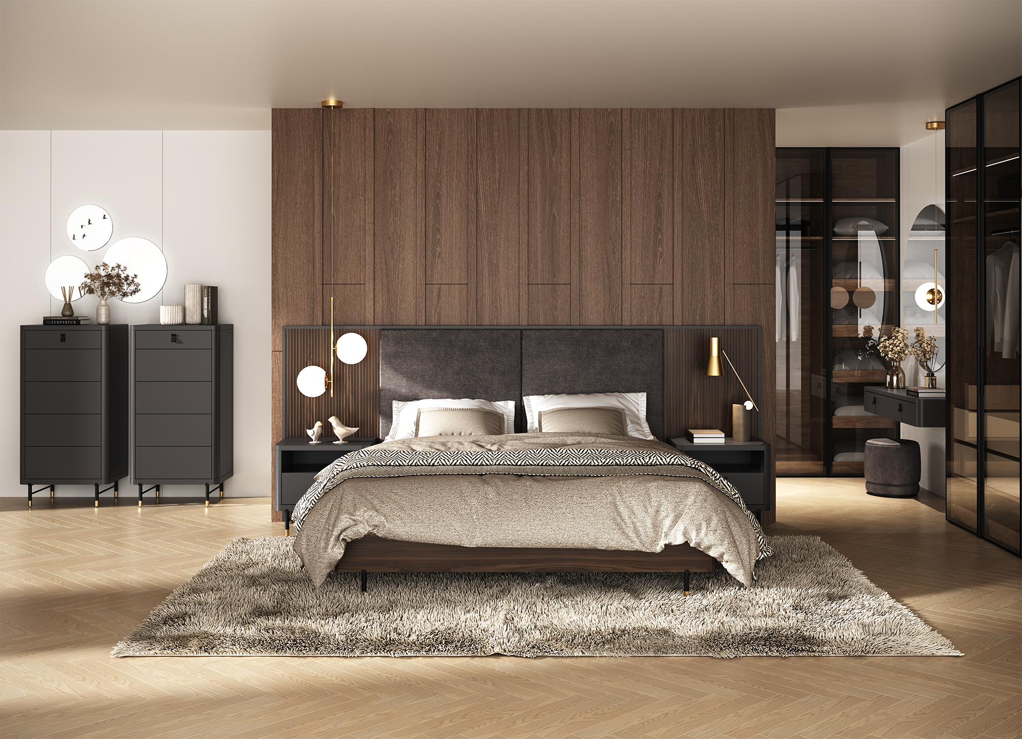 A photo of a modern bedroom, with a bed, dressers, wall shelving and nightstands, in a clean, sunlit room with walnut accents on the wall and midcentury modern globe lamps by the bedside.