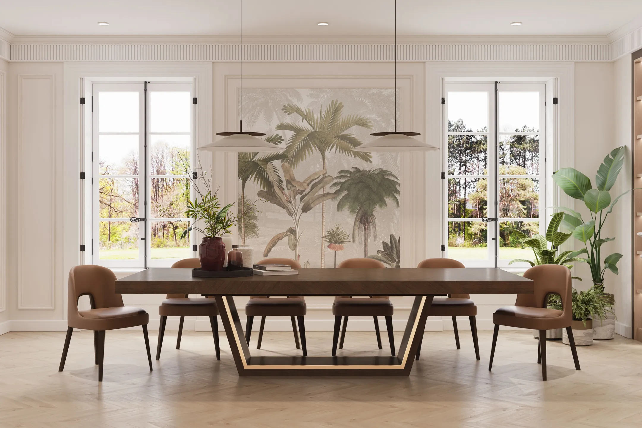 A photograph of a dining room set with modern furniture in a clean, well-lit space