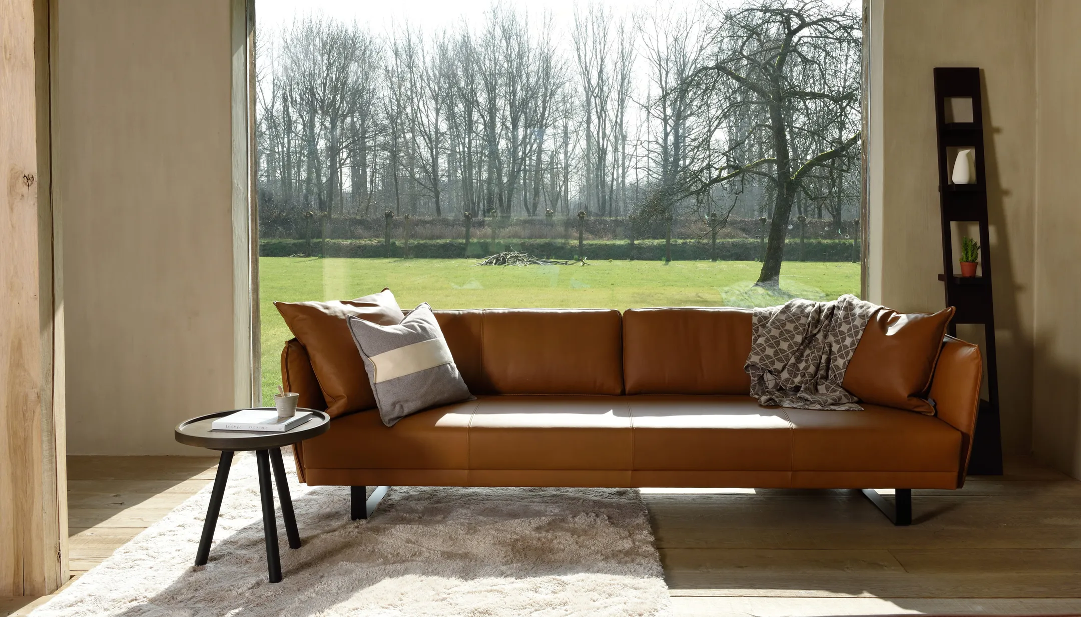 A photograph of a sofa in a clean, well-lit space, with a wide window looking out onto a green lawn and trees